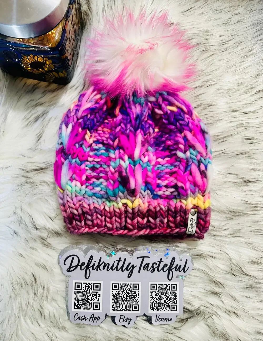 Hand Knit Merino Wool Scrappy Lake Erie Beanie: Faux Fur Pom - Adult Size